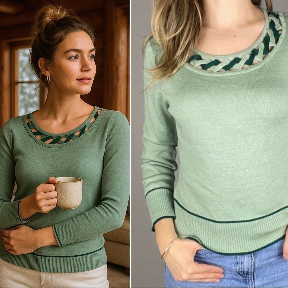 Wool Blend Soft Green Long Sleeve Knit Sweater with Neck Detail. Small.